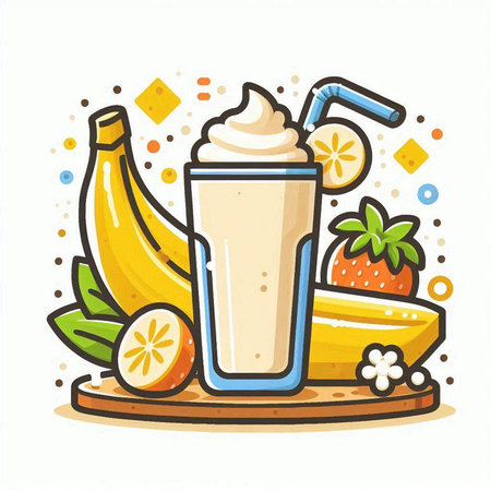 Banana smoothie with whipped cream and fresh fruits. Vector illustration.のイラスト素材