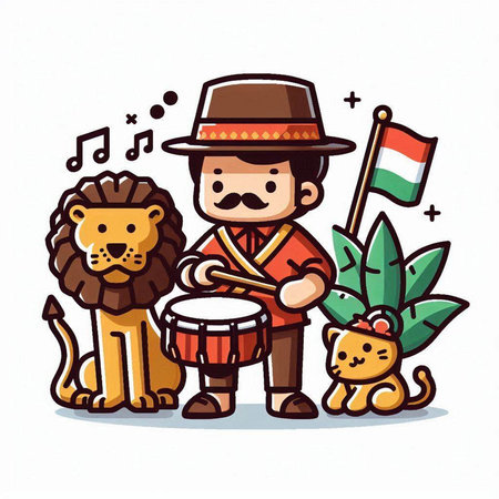 Lion and lion playing musical instruments. Vector illustration in cartoon style.のイラスト素材