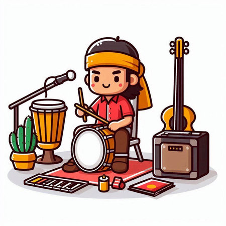 Musician playing the drum. Vector illustration in a flat style.のイラスト素材