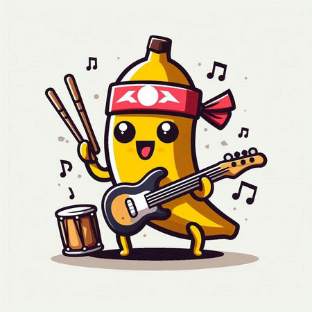 cute cartoon banana character with guitar and drum, vector illustration.のイラスト素材