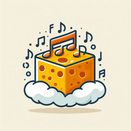 Vector illustration of a piece of cheese on a cloud with musical notesのイラスト素材