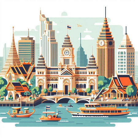 Bangkok cityscape with famous landmarks. Vector illustration in flat styleのイラスト素材