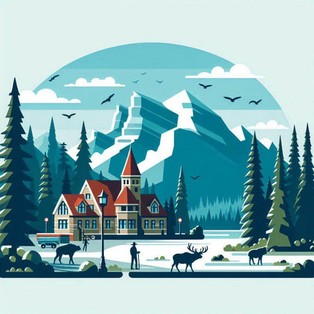 Mountain landscape with houses, trees and moose. Vector illustration.のイラスト素材
