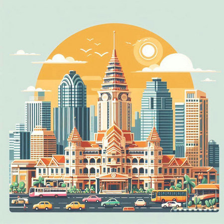 Cityscape of Bangkok. Landmarks of Thailand. Vector illustration.のイラスト素材