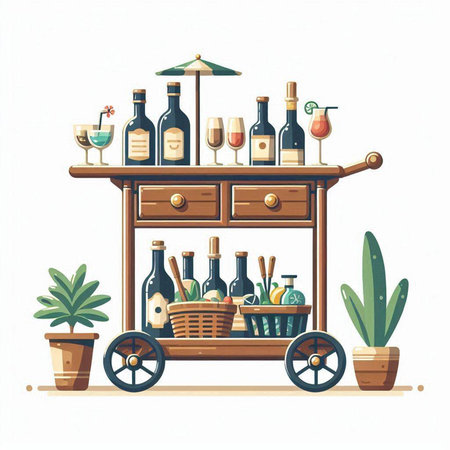 Vector illustration of wine bar counter with bottles, glasses and basket full of drinksのイラスト素材