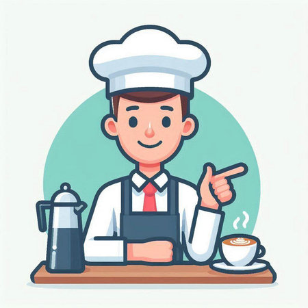 Chef with coffee cup and teapot. Vector illustration.のイラスト素材