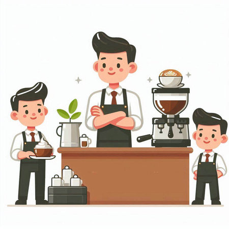 Coffee shop staff and barista. Vector illustration in cartoon style.のイラスト素材