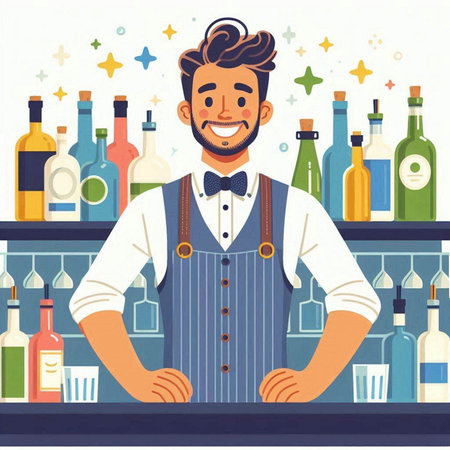 Bartender standing at the bar counter. Vector cartoon illustration.のイラスト素材