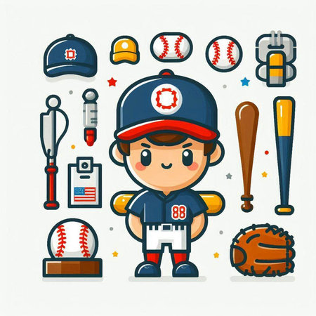 Cartoon baseball player with set of sport icons. Vector illustration.のイラスト素材
