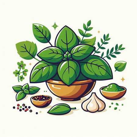 Illustration of fresh herbs and spices on a white background. Vector illustration.のイラスト素材