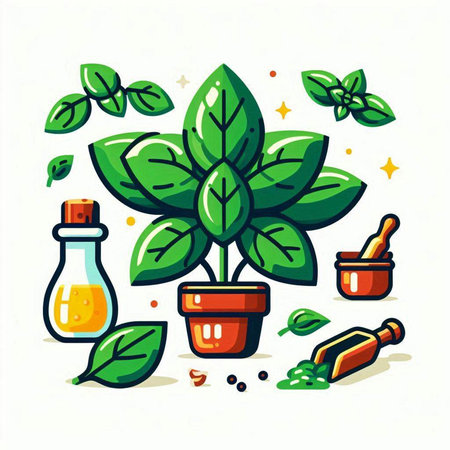 Flowerpot with herbs and spices. Vector illustration in cartoon style.のイラスト素材