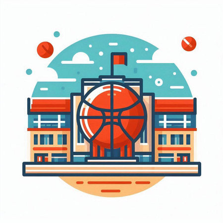 Basketball court flat color icon. Vector illustration with basketball court on background of city.のイラスト素材