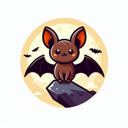Cute cartoon bat sitting on a rock at night. Vector illustration.のイラスト素材