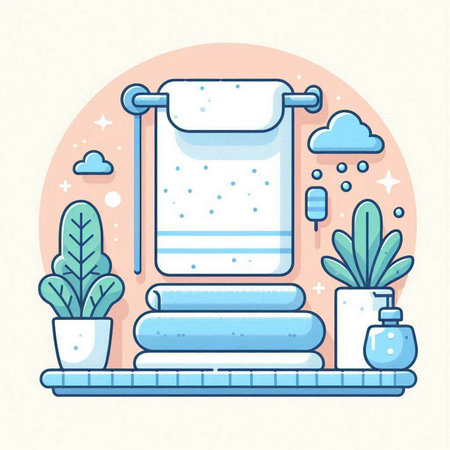 Bathroom interior with towels and plants in flat style. Vector illustration.のイラスト素材