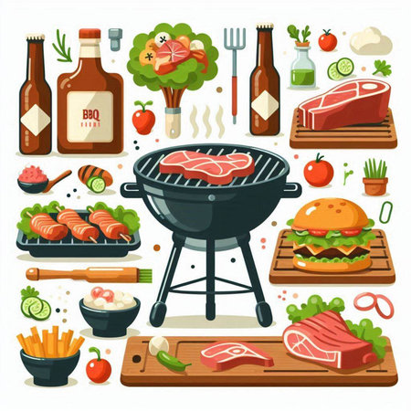 Barbecue party. Vector illustration in flat style. Barbeque grill with meat and vegetables.のイラスト素材