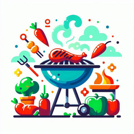 Barbecue grill with vegetables. Vector illustration in flat cartoon style.のイラスト素材