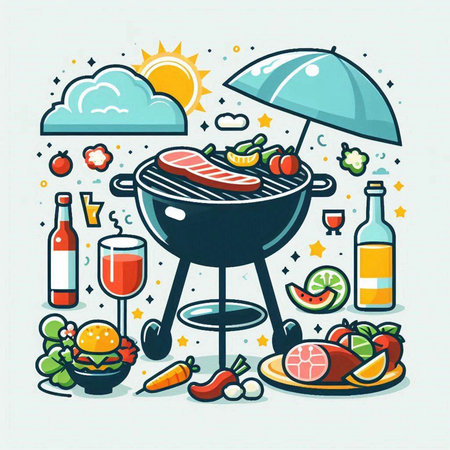 Barbecue party. Vector illustration in doodle style. Hand drawn elements for your design.のイラスト素材