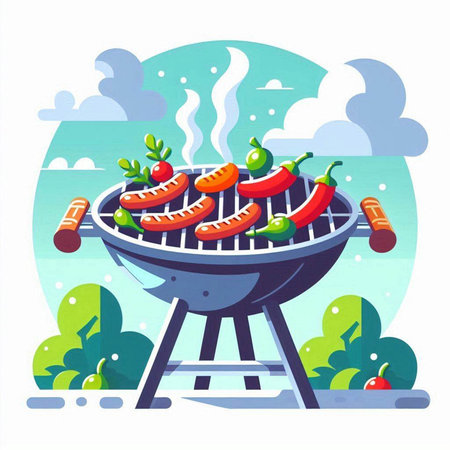 Barbecue grill with sausages and vegetables. Vector illustration.のイラスト素材