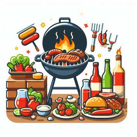 Barbecue grill with food and drinks on white background. Vector illustration.のイラスト素材