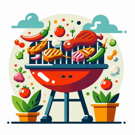 Barbecue grill with meat and vegetables. Flat style vector illustration.のイラスト素材