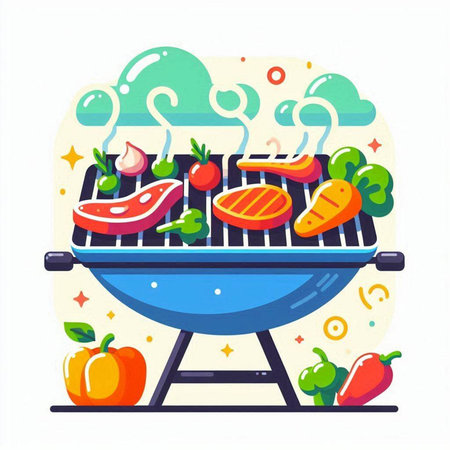 Barbecue grill with meat and vegetables. Flat style vector illustration.のイラスト素材