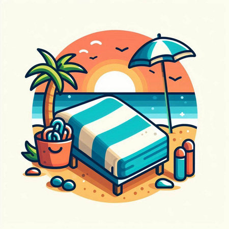 Vector illustration of a sunbed on the beach in flat style.のイラスト素材