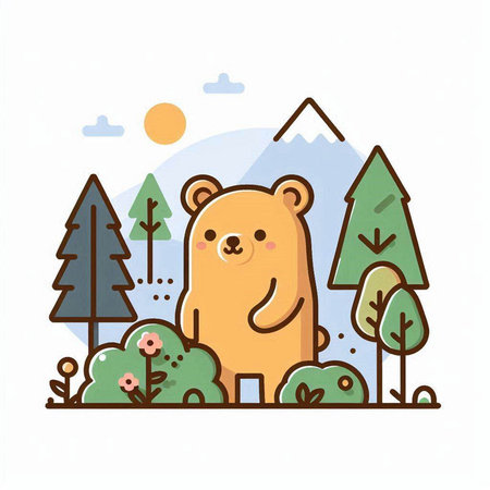 Cute bear in the forest. Vector illustration in flat style.のイラスト素材
