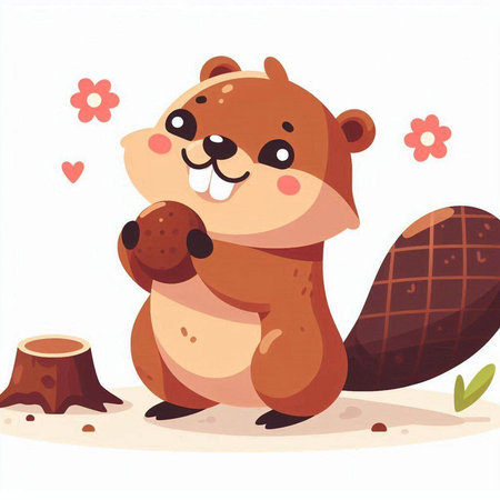 Cute cartoon beaver sitting on the ground and holding a nutのイラスト素材