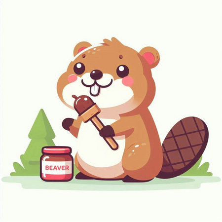 Beaver with a hammer and a jar of honey. Vector illustration.のイラスト素材