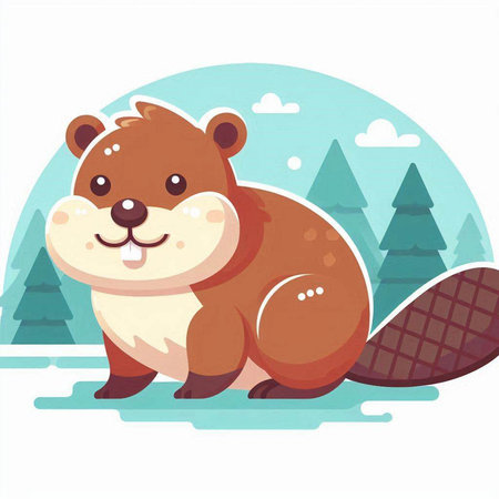 Cute beaver in the winter forest. Vector illustration in cartoon style.のイラスト素材
