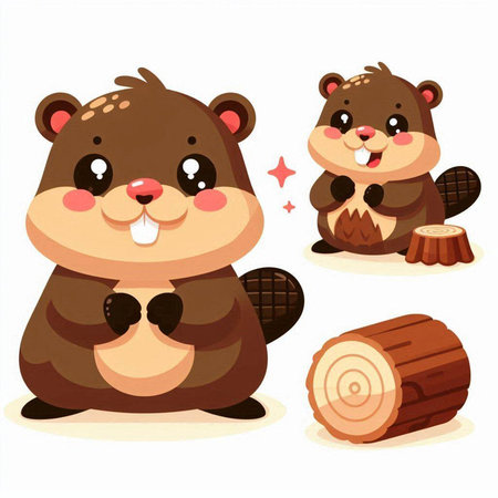 Cute cartoon beaver set isolated on white background. Vector illustration.のイラスト素材