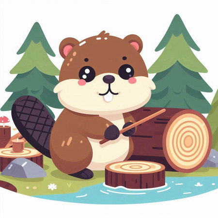 Beaver in the forest. Cute cartoon character. Vector illustrationのイラスト素材