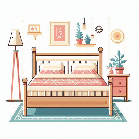 Bedroom interior vector illustration. Bedroom in flat cartoon style.のイラスト素材