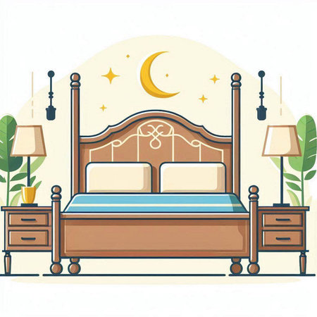 Bedroom interior with double bed and night lamp. Vector illustration.のイラスト素材
