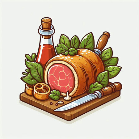Sliced ham on a cutting board with herbs and spices. Vector illustration.のイラスト素材