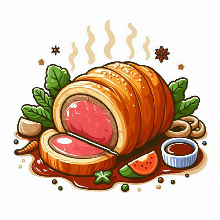 Illustration of a piece of meat on a plate with sauce.のイラスト素材