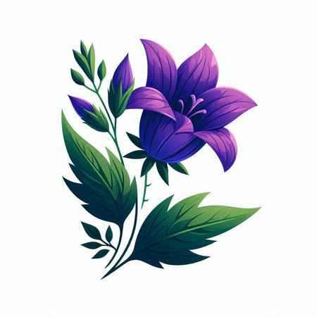 beautiful purple flowers with green leaves on white background, vector illustrationのイラスト素材