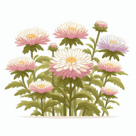 pink and white asters on a white background, vector illustrationのイラスト素材