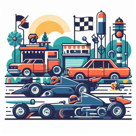 Vector illustration of racing cars on the road in flat style with city elements.のイラスト素材