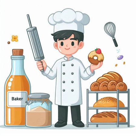 Chef boy with bakery products. Vector illustration in cartoon style.のイラスト素材