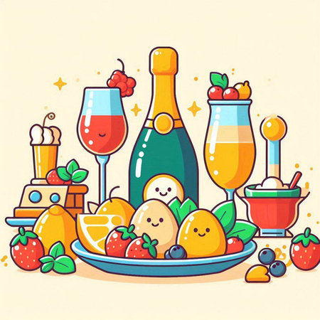 Colorful vector illustration of a set of food and drinks for a party.のイラスト素材