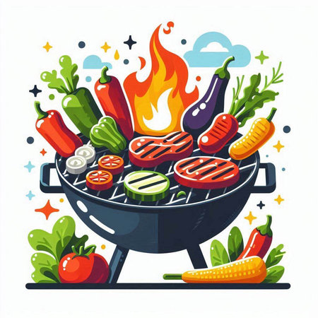 Grill barbecue with vegetables and meat. Vector illustration in flat styleのイラスト素材
