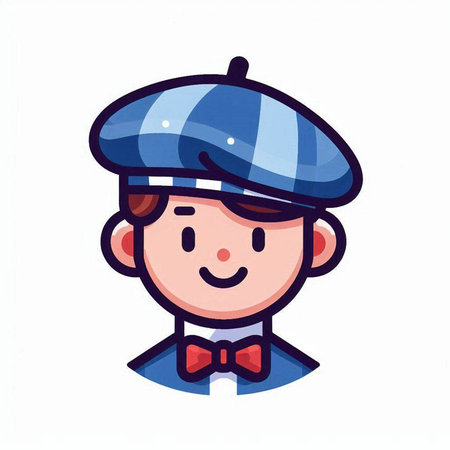 Cute cartoon boy with blue cap and bow tie. Vector illustration.のイラスト素材