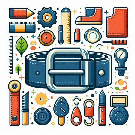 Leather belt, tools and accessories for sewing and needlework. Vector illustrationのイラスト素材