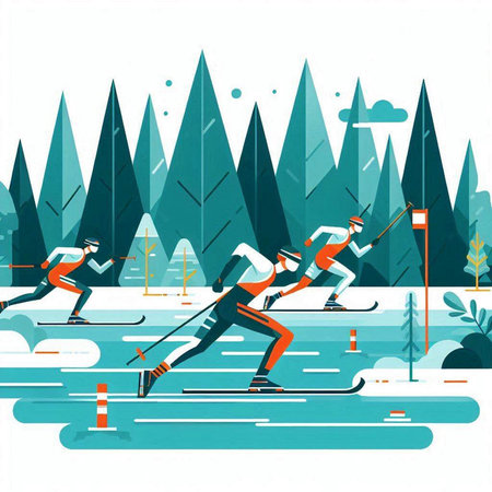Winter sports. Skiing in the forest. Flat vector illustration.のイラスト素材