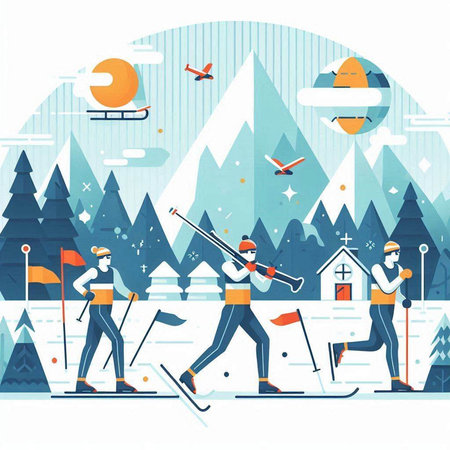 Winter sports. Skiing in the mountains. Vector illustration in flat styleのイラスト素材