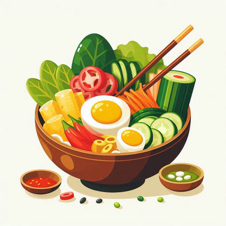Bowl of vegetable soup with egg and vegetables. Vector illustration.のイラスト素材