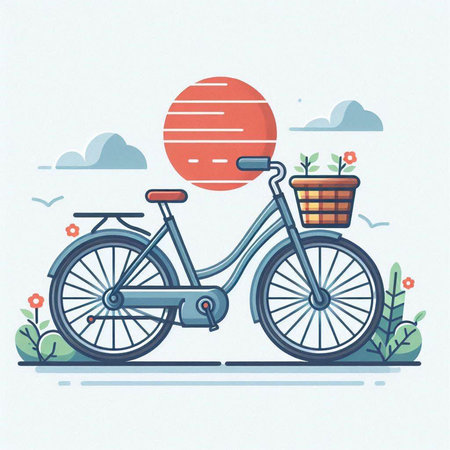 Bicycle with basket of flowers. Vector illustration in flat style.のイラスト素材