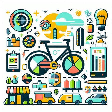 Bicycle and transport icons set in flat line style. Vector illustrationのイラスト素材