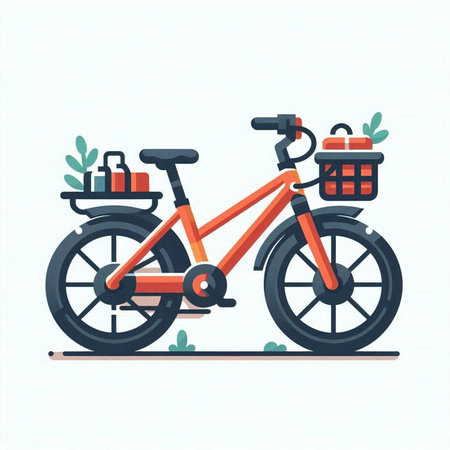 Bicycle with basket of food. Vector illustration in flat style.のイラスト素材